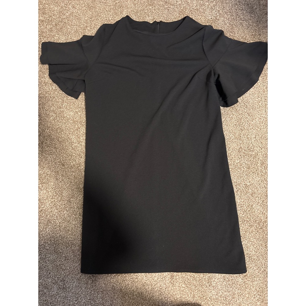 2 Hearts Flutter Sleeve Mini Dress Womens Small Black Excellent Shift Ruffle LBD